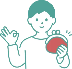 財布を手に、安心した表情で手をあげる人物のイラスト
